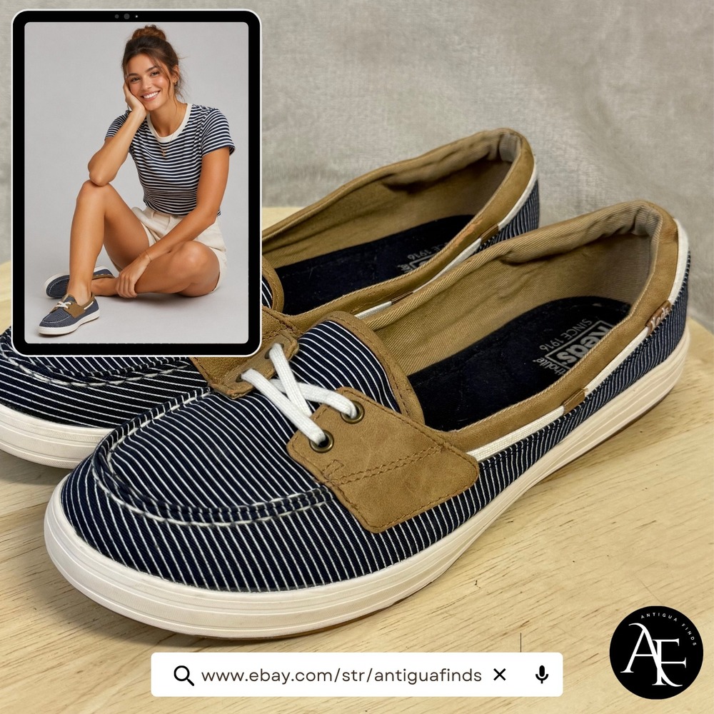 Keds Womens Ortholite Boat‎ Shoes Navy White Striped Loafers WF57107 Size 10